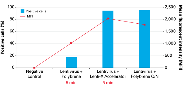 Lenti-X Accelerator (25 min) is faster than Polybrene (16 h) for lentiviral transduction
