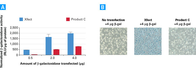 Xfect Protein Transfection Reagent delivers up to 8X more active beta-galactosidase into HeLa cells than the leading competitor, Product C.