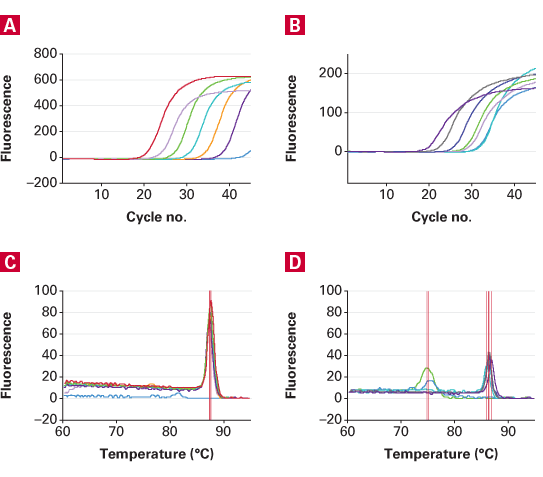 Reaction specificity—Takara Bio's TB Green Advantage qPCR Premix vs. Competitor I's qPCR mix using a Cepheid Smart Cycler.